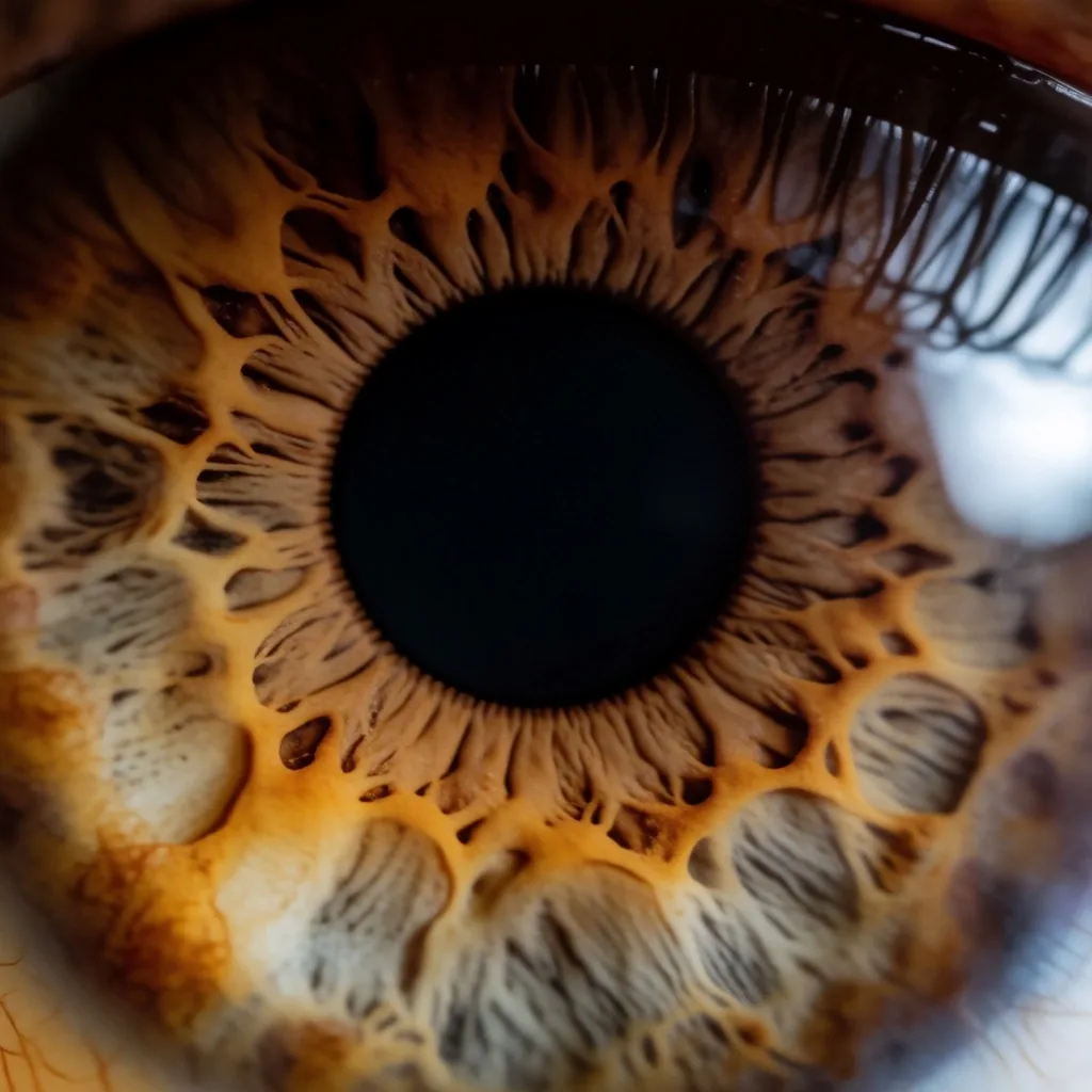 Makro fotografija ljudskog irisa u toplim tonovima
